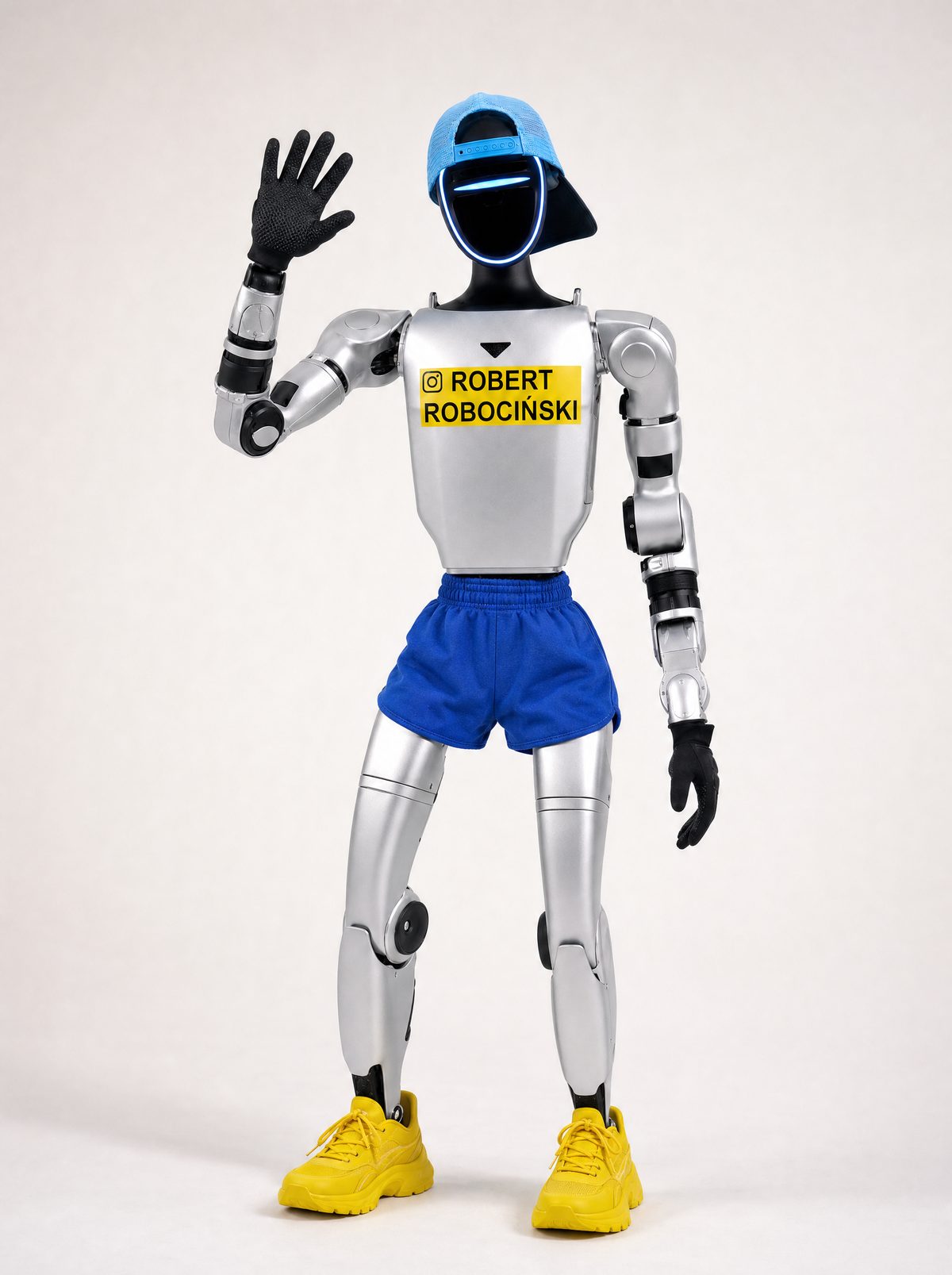Robert Robociński - robot humanoidalny w niebieskiej czapce, niebieskich spodenkach i żółtych butach